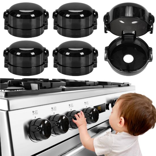 Picture of Stove Knob Safety Covers, for Knob Diameter Less Than 2.4", Dual Grip Safety Shield, Press Gas Stove Knob Locks, Creative Oven Lock Knob Covers for Child Safety, Black Color, Pack of 5