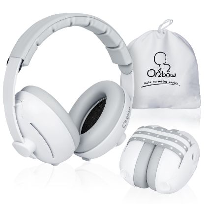 Picture of Orzbow 2-in-1 Baby Ear Muffs Noise Protection, Noise Cancelling Headphones for Babies up to 48 Months, Adjustable Infant Ear Protection with Non-Slip Band for Airplane Travel Sleep, White