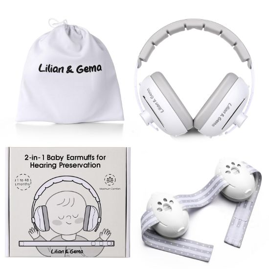 Picture of Lilian&Gema 2-in-1 Baby Ear Muffs Noise Protection up to 48 Months - Baby Airplane/Travel Essentials - Adjustable Noise Reduction Earmuffs - Ear Protection Headphones for Infant & Toddler, White