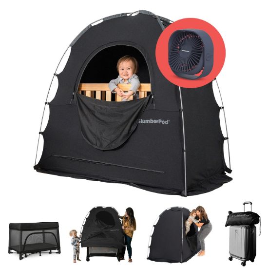 Picture of SlumberPod with Fan The Original Blackout Sleep Tent Travel Essential for Baby and Toddlers, Mini Crib and Pack n Play Cover, Sleep Pod with Monitor Pouch and Fan Pouch, Blocks 95%+ Light, Black