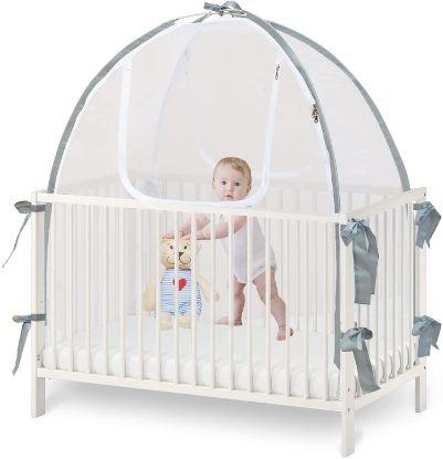 Picture of Baby Crib Tent Safety Net, Durable Strong Self-Locking Zippers, Protects from Climbing Out and, Insects, Mosquitoes, Installs with Rods (Crib 52.25" - 28.25")