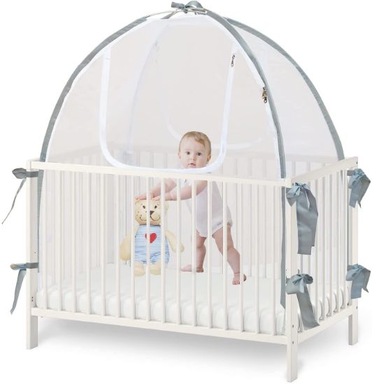 Picture of Baby Crib Tent Safety Net, Durable Strong Self-Locking Zippers, Protects from Climbing Out and, Insects, Mosquitoes, Installs with Rods (Crib 52.25" - 28.25")