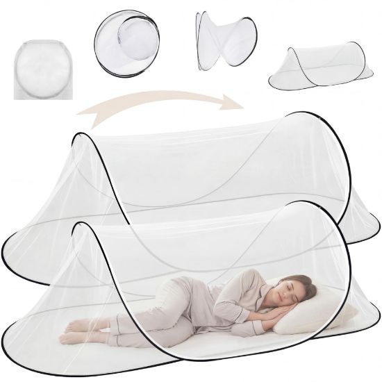Picture of Vincreem 2 Pcs Large Pop Up Mosquito Net for Bed 78 * 31 * 22 Inch Portable Foldable Mosquito Netting for Camping Outdoor Indoor Travel Patio Bug Net Mesh Tent Canopy for Adults Bedroom, White