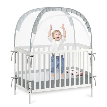 Picture of PandaEar Pop Up Crib Tent to Keep Baby from Climbing Out, Breathable Crib Net Mesh Canopy, Babies Crib Cover with Zipper, Easy Installation (Grey)