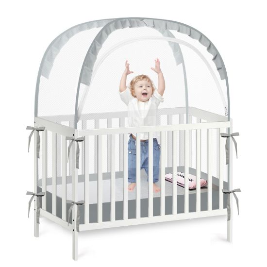 Picture of PandaEar Pop Up Crib Tent to Keep Baby from Climbing Out, Breathable Crib Net Mesh Canopy, Babies Crib Cover with Zipper, Easy Installation (Grey)