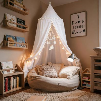 Picture of LOAOL Bed Canopy with Pom Pom Cotton Canopy for Kids Crib Baby Girl Netting Cover Canopy Crib Curtain Reading Nook Hanging Tent Nursery Play Game Castle Room Decoration (White)
