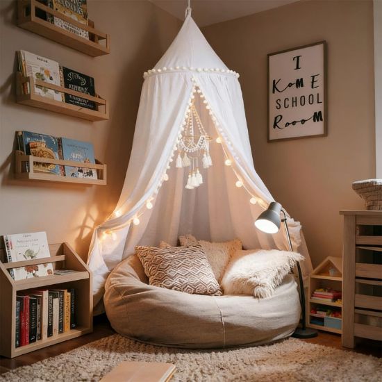 Picture of LOAOL Bed Canopy with Pom Pom Cotton Canopy for Kids Crib Baby Girl Netting Cover Canopy Crib Curtain Reading Nook Hanging Tent Nursery Play Game Castle Room Decoration (White)