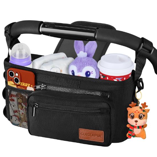 Picture of Guiseapue Universal Stroller Organizer with Cup Holder: Stroller Caddy Accessories with Detachable Phone Bag Fit for Uppababy, Non-Slip Straps, Walker Accessories, First Mothers Day Gifts for New Mom