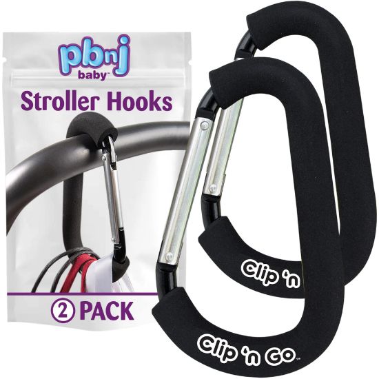 Picture of Stroller Hooks for Hanging Diaper Bags - Mommy Stroller Clip and Stroller Accessories Organizer Hook - Large Carabiner Clips for Mom Purse Shopping Grocery Bag and Accessory - (2 Pack) (Carabiner)