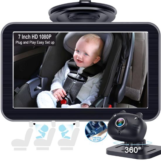 Picture of DoHonest Baby Car Camera 7-Inch: USB Plug and Play Easy Setup 360 Degree Rotating Backseat Camera Two Kids HD 1080P Rear Facing Car Seat Cameras Clear Night Vision -V9