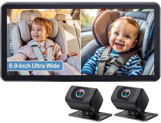Picture of 2-Kids Baby Car Camera for Seat: 6.9 Inch Ultrawide Display with Two Cameras Rear Facing - USB Powered Backseat Camera HD 1080P Easy to Install