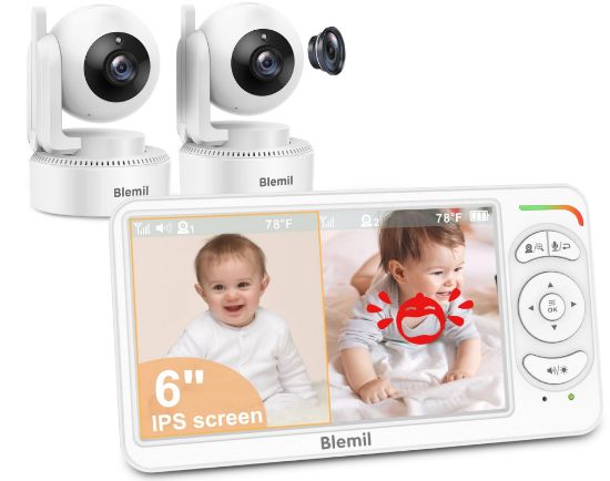 Picture of Blemil 6" Baby Monitor with 2 Cameras 4000mAh Battery Upgrade Split Screen Video Baby Monitor No WiFi Remote Pan-Tilt-Zoom Auto-Night Vision 150 Languages ECO Mode 2-Way Talk 1000FT (Ideal Condition)