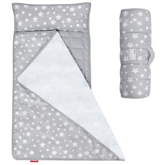 Picture of Moonsea Toddler Nap Mat with Pillow and Fleece Minky Blanket Grey, Lightweight and Soft Perfect for Toddlers Preschool, Daycare, Travel Sleeping Bag for Girls, 21" x 50" Fit on a Standard Cot