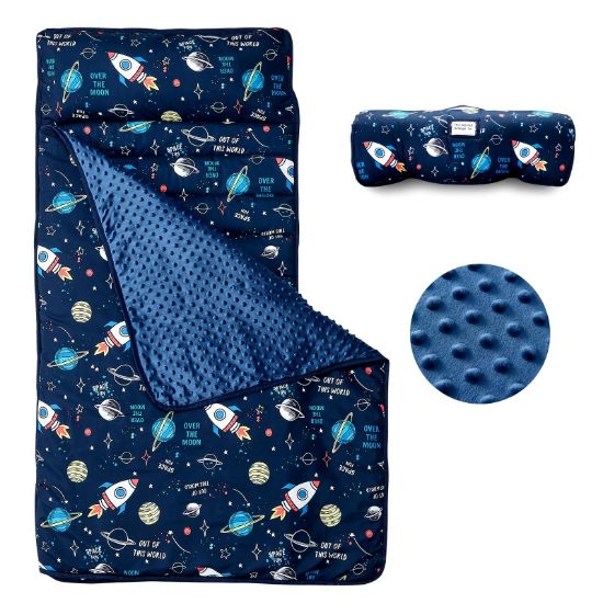 Picture of beeweed Toddler Nap Mat, Rollup Design Kid Sleeping Mat with Removable Pillow & Minky Blanket, Toddler Sleeping Bag for Daycare Preschool Travel Camping, Space Ship