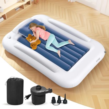 Picture of Deeteck Inflatable Toddler Travel Bed - 60 Inches Portable Toddler Bed for Travel with Safety Sides - Cozy Kids Air Mattress Set with Built-in Electric Pump & Carry Case- Easy to Inflate - Sea Blue