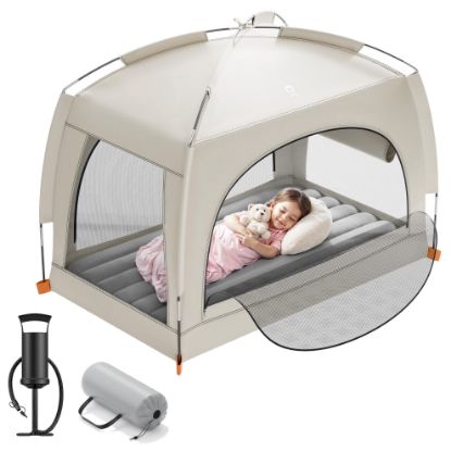 Picture of QPAU Inflatable Toddler Travel Bed with Tent - Lightweight Blow Up Kids Air Mattress with Hand Pump - Indoor & Outdoor Portable Sleeping Solution for Camping, Travel, Home, Grandmas - Ages 3+