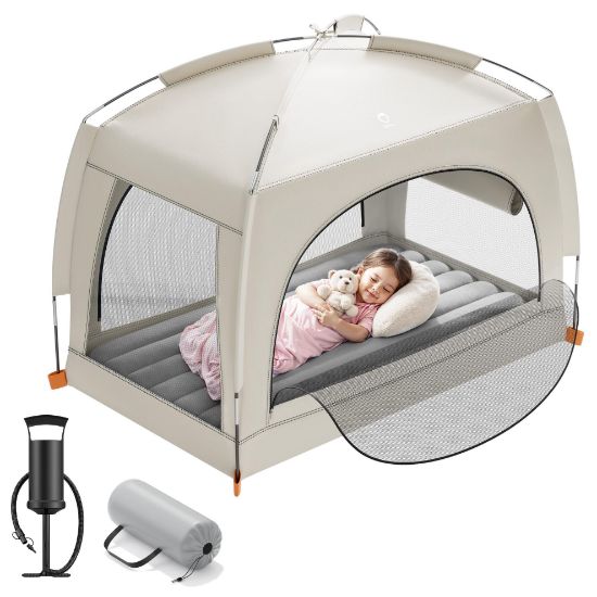 Picture of QPAU Inflatable Toddler Travel Bed with Tent - Lightweight Blow Up Kids Air Mattress with Hand Pump - Indoor & Outdoor Portable Sleeping Solution for Camping, Travel, Home, Grandmas - Ages 3+
