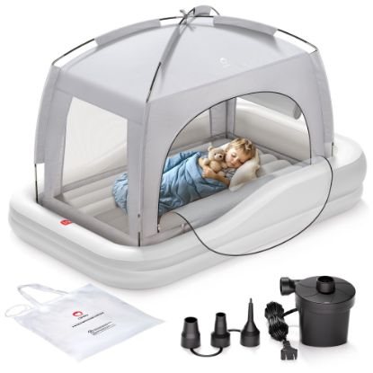 Picture of QPAU Inflatable Toddler Travel Bed with Tent, Portable Kids Air Mattress with Safety Sides, Ideal for Home, Grandma's, Camping, Traveling -Includes Fast Electric Pump (Gray)