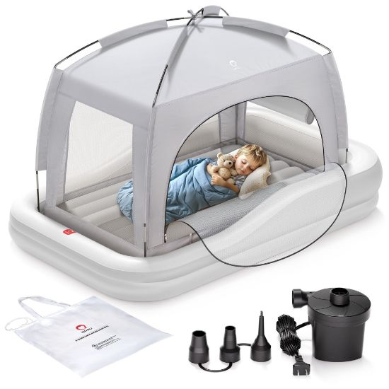 Picture of QPAU Inflatable Toddler Travel Bed with Tent, Portable Kids Air Mattress with Safety Sides, Ideal for Home, Grandma's, Camping, Traveling -Includes Fast Electric Pump (Gray)