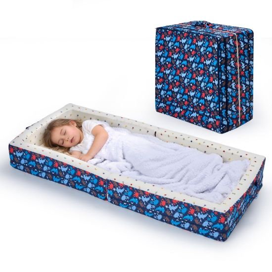 Picture of Umoving Cotton Lining Portable Foldable Toddler Travel Bed - Soft Foam Floor Bed with Washable Cover, Safe and Comfortable Toddler Crib, Ocean Blue
