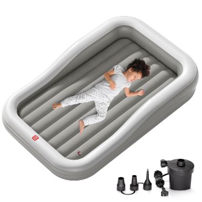 Picture of QPAU Inflatable Toddler Travel Bed with 3-Sided Safety Bumpers, Extra Large Kids Air Mattress, Includes Detachable Mattress, Portable for Camping, Travel, Home Use (Grey)