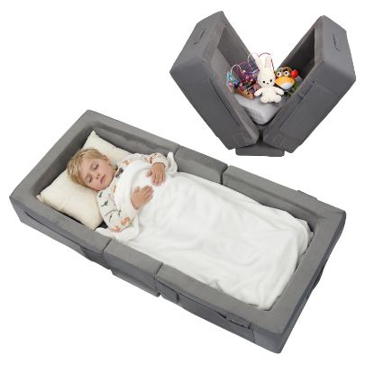 Picture of ENITYA Toddler Travel Bed - Portable Foldable Soft Foam Floor Bed for Kids 1-4yr, No Assembly, Washable Cover, Built-in Safety Rails, Compact for Travel & Home Use, Light Grey