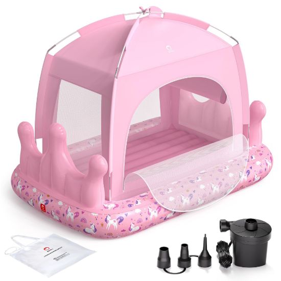 Picture of QPAU Princess Inflatable Toddler Bed with Tent, Blow Up Toddler Travel Bed with Sides, Portable Kids Air Mattress for Girls, Ideal for Home, Grandmas, Camping & Sleepovers - Includes Electric Pump