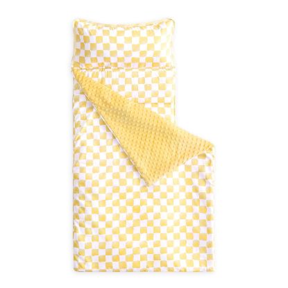 Picture of Wake In Cloud - Toddler Nap Mat with Pillow and Minky Fleece Blanket, for Kids Boys Girls Ages 3 Plus in Daycare Preschool, Roll Up Sleeping Bag, Gingham Grid Checkered, Yellow White, Standard