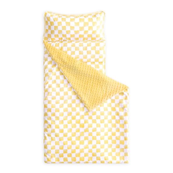 Picture of Wake In Cloud - Toddler Nap Mat with Pillow and Minky Fleece Blanket, for Kids Boys Girls Ages 3 Plus in Daycare Preschool, Roll Up Sleeping Bag, Gingham Grid Checkered, Yellow White, Standard