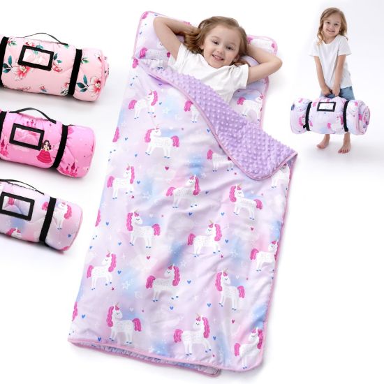 Picture of Nap Mat with Pillow Blanket Set: Purple Pink Unicorn Sleeping Mats for Toddler Kids - Thick Large Roll up Slumber Bag for Daycare Preschool Kindergarten Boys Girls