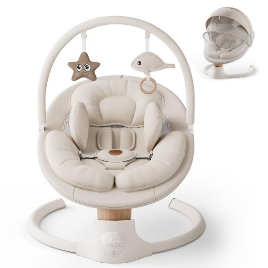 Picture of Baby Swings for Infants, FasonBaby Electric Baby Swing with 10 Preset Melodies, 5 Speeds, Remote Control and Bluetooth - Portable Infant Swing for Indoor and Outdoor(Beige)