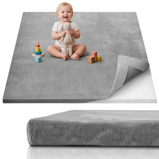 Picture of Blissful Diary 1.3" Thick Baby Play Mat, 50x50 Playpen Mat with Removable & Washable Cover, Ultra Soft Crawling Rug for Floor, Foam Cushion & Non-Slip Backing for Kid, Toddlers and Infants, Light Grey