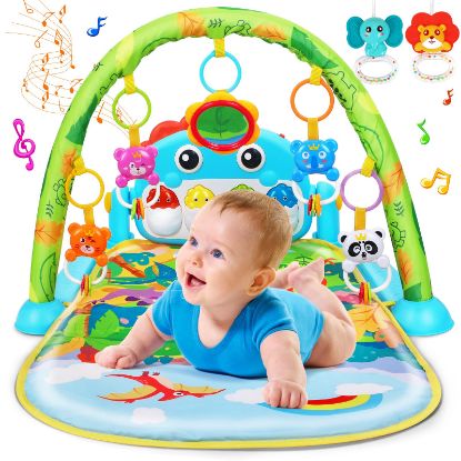 Picture of UMIKU Baby Gym Play Mats Baby Tummy Time Mat Musical Activity Center for Newborn Infant Piano Babies Play Mat Music & Light Newborn Infant Gifts for Babies 0-3 6 9 12 Months Dinosaur Style