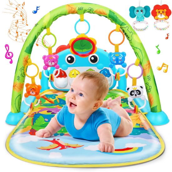 Picture of UMIKU Baby Gym Play Mats Baby Tummy Time Mat Musical Activity Center for Newborn Infant Piano Babies Play Mat Music & Light Newborn Infant Gifts for Babies 0-3 6 9 12 Months Dinosaur Style