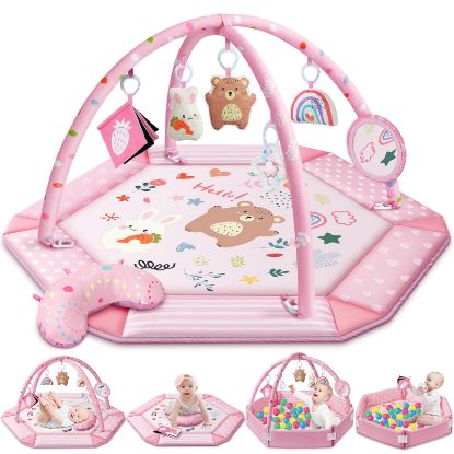 Picture of Baby Gym Play Mat, 8-in-1 Tummy Time Mat & Ball Pit with 6 Toys, Washable Baby Activity Mat for Visual, Hearing, Sensory, Motor Development, Babies Gift for Newborn Infant 0-3-6-9-12 Months (Pink)