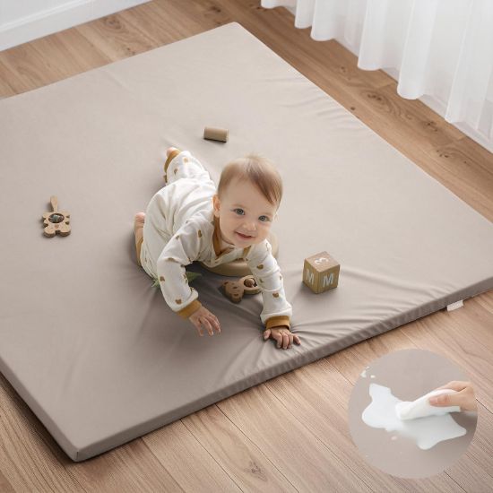 Picture of Blissful Diary Vegan Leather Baby Play Mat, 50x50 Thicken Foam Cushioned & Waterproof Playpen Mat for Infants and Toddlers, Stylish and Just Wipe-Clean Playmat for Baby Play on Floor, Taupe