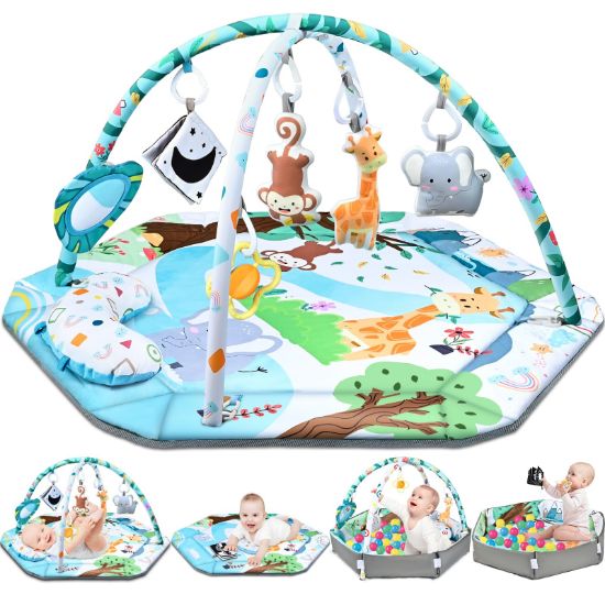 Picture of Baby Gym Play Mat, 8-in-1 Tummy Time Mat & Ball Pit with 6 Toys, Washable Baby Activity Play Mat for Visual, Hearing, Sensory, Motor Development, Baby Toys Gift for Toddler Infant 0-3-6-9-12 Months