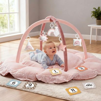 Picture of Mallify 5-in-1 Thick Plush Baby Play Gym Mat, Tummy Time Mat with 6 Sensory Toys, Baby Play Mat, Convertible Baby Gym for Stage-Based Development from Babies to Toddlers, Baby Essentials Gift, Pink