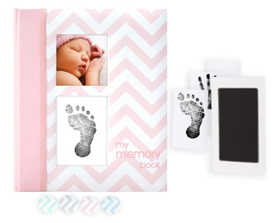 Picture of Pearhead Baby Memory Book, First 5 Years Baby Milestone Book, Pregnancy Journal, Gender Neutral Newborn Keepsake, With Clean-Touch Ink Pad For Baby's Handprint or Footprint, Pink Chevron