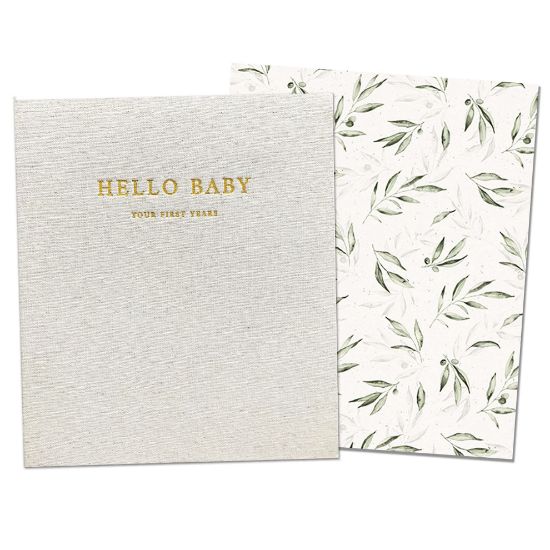 Picture of Peachly Unisex Baby Memory Book | Minimalist Baby First Year Keepsake for Milestones | Baby Books First Year Memory Book | Simple Baby Scrapbook for Boy Girl Milestones | Natural Linen - Olive