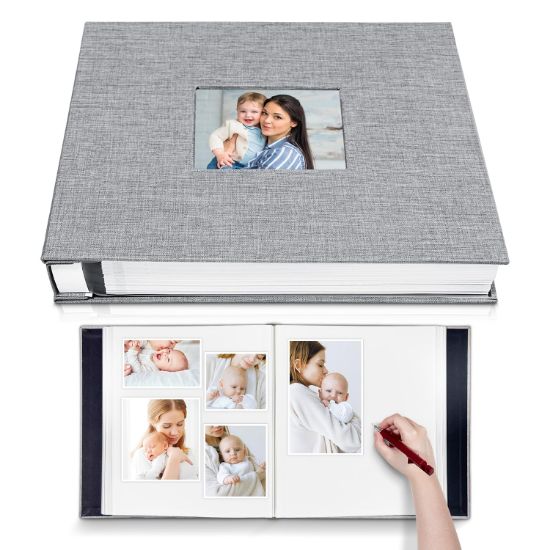Picture of HoneyTolly Large Photo Album Self Adhesive with Picture Display Window, DIY Scrapbook Album for 4x6 8x10 Pictures, 40 Pages Linen Cover Memory Book with Scraper and Metallic Pen(Grey)