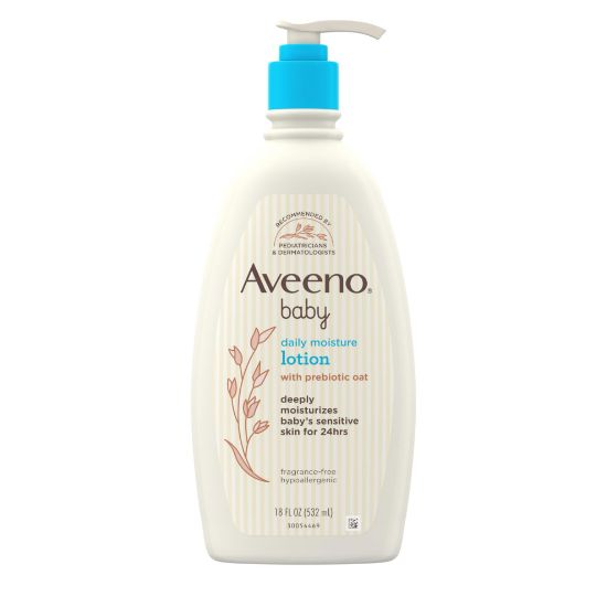 Picture of Aveeno Baby Daily Moisture Body Lotion for Sensitive Skin, Hypoallergenic Moisturizing Baby Lotion with Nourishing Oatmeal to Deeply Moisturize Baby's Skin, Fragrance-Free, 18 fl. oz