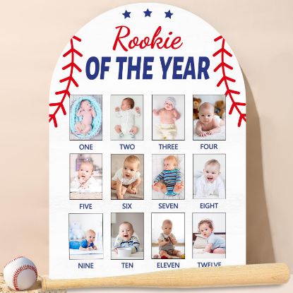 Picture of Baseball First Year Photo Board Rookie of the Year Birthday Party Decoration Wooden Board 12 Monthly Milestone Picture Frame Sport 1st Birthday Banner for Babyboy Keepsake Gift Supply(Fit 2x2.8in Pic)