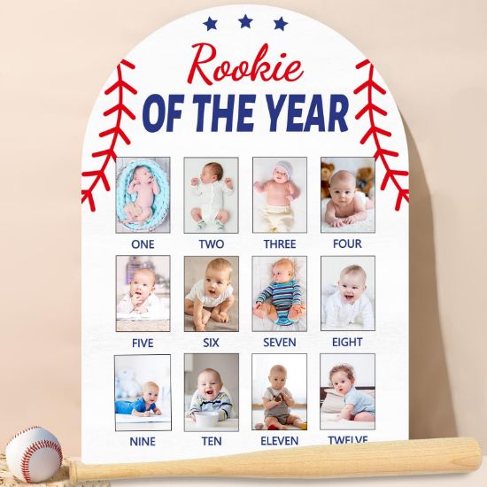 Picture of Baseball First Year Photo Board Rookie of the Year Birthday Party Decoration Wooden Board 12 Monthly Milestone Picture Frame Sport 1st Birthday Banner for Babyboy Keepsake Gift Supply(Fit 2x2.8in Pic)