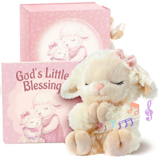 Picture of Baptism Gifts for Girl, Catholic Christening, Baby Dedication & Baptismal Gift Set for Baby Girls & Kids - with 9" Musical Praying Lamb Plush Toy & God's Little Blessing Book in Keepsake Box