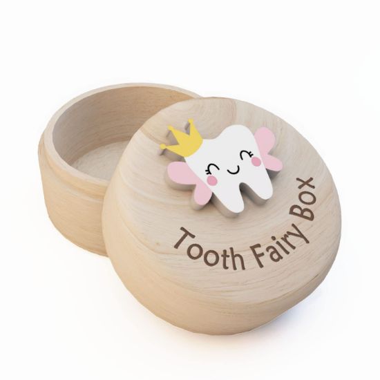 Picture of Tooth Fairy Box for Girls, Cute Carved Wooden Box with 3D Tooth, Stores Lost Teeth for Kids, Souvenir Dropped Tooth Keepsake Storage Box Gift for Little GirlP-Wings-T