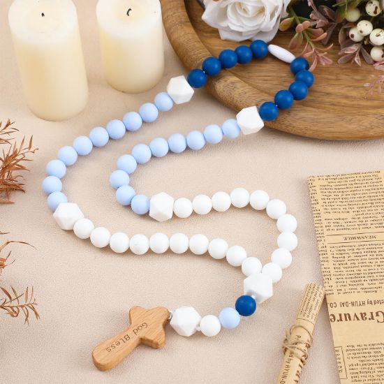Picture of Misdary Baby Rosary Baptism Gift Silicone God Bless Kids First Rosary with Cross 1st Year Baptism Party Supply for Baby Shower Christian Communion Gifts(Blue,Square)