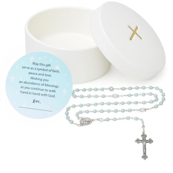 Picture of Baptism Gifts for Boys - Blue Rosary with Ceramic Keepsake Box and Card, Catholic Communion Gift, Christening and Baby Shower Rosary Beads, Sweet Treasures Gifts, Blue