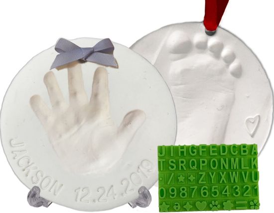 Picture of Baby Handprint Footprint Keepsake Ornament Kit (Makes 2) - Bonus Stencil for Personalized Christmas, Newborn, New Mom & Shower Gifts. 2 Easels! Non-Toxic Clay, Air-Dries Light & Soft, Won't Crack.