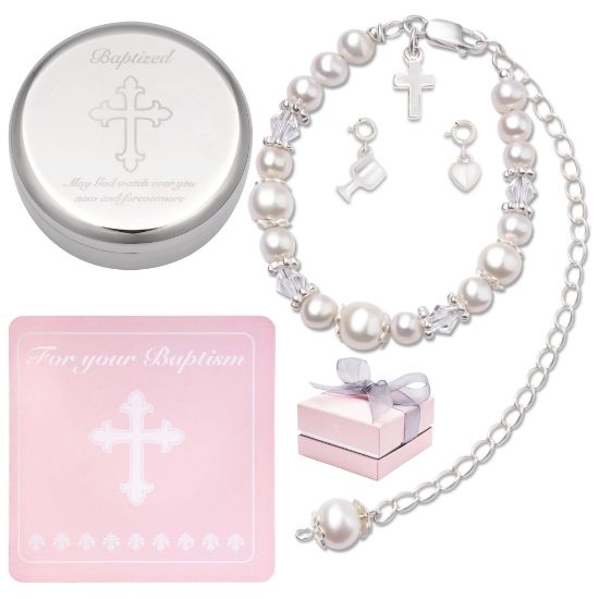 Picture of Tryuunion Baptism Bracelet in Sterling Silver and Cultured Pearls for Baby Girls, Comes with a Unique Silver-plated Jewelry Keepsake Box, Christening and Baptism Gifts For Girl, Includes 3 Charms